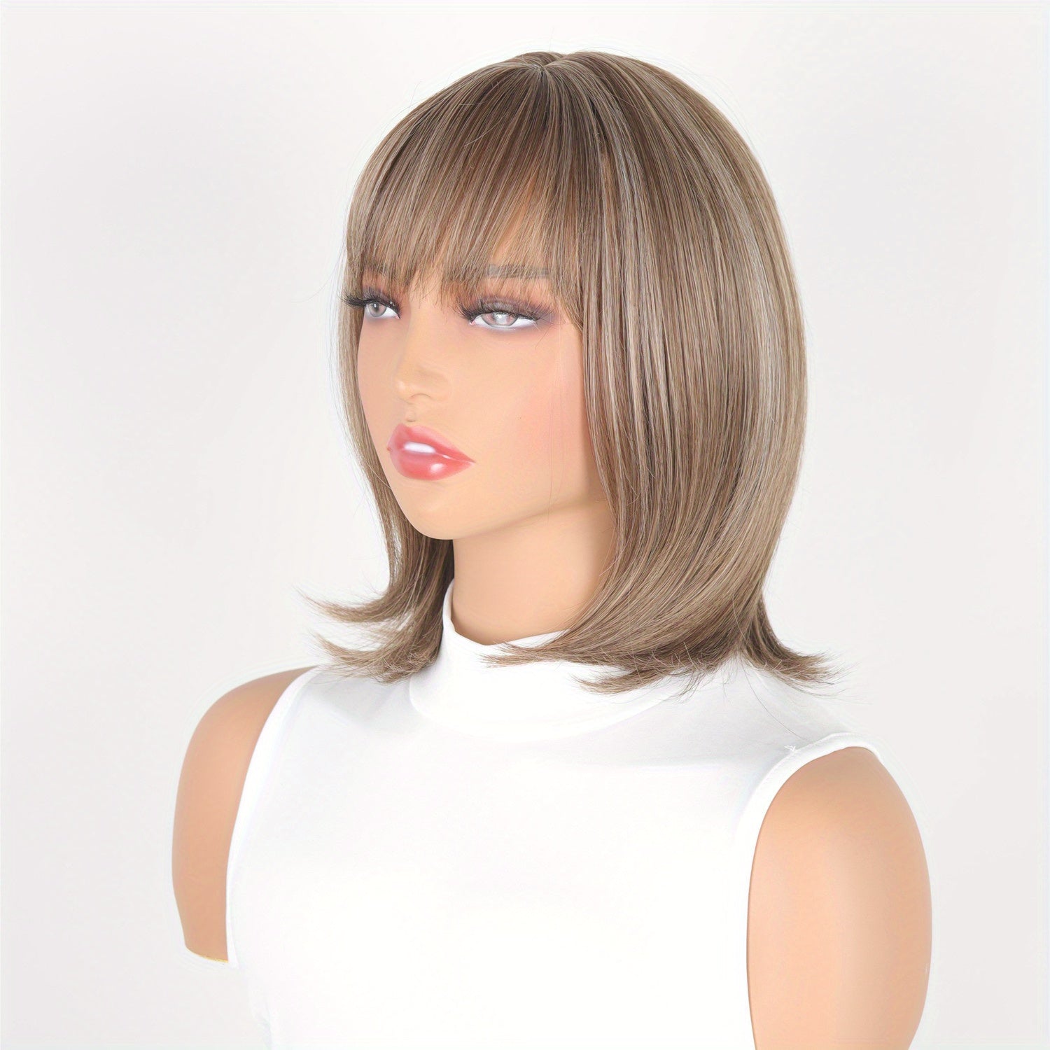 Women's Medium Length Ombre Brown to Blonde Bob Wig with Bangs, 12 Inch Layered Synthetic Loose Curly Lace Wig, Basics Collection for All Users - Mixed Highlight Color, Heat Resistant