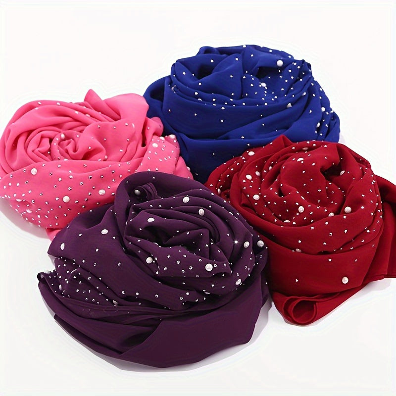 1-3pcs Ladies pleated chiffon scarf solid color bubble shawl long thin section breathable sunscreen head scarf with shiny fake diamonds