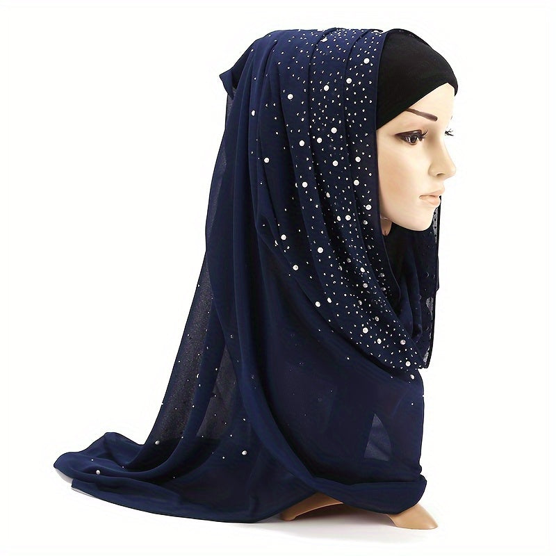 1-3pcs Ladies pleated chiffon scarf solid color bubble shawl long thin section breathable sunscreen head scarf with shiny fake diamonds