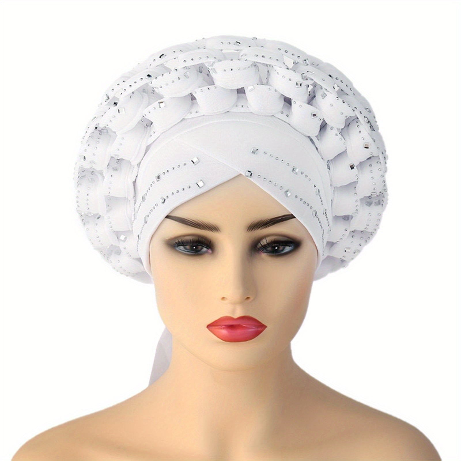 African Turban Women Sequin Headwear Head Scarf Hair Cover Girls Headwrap White