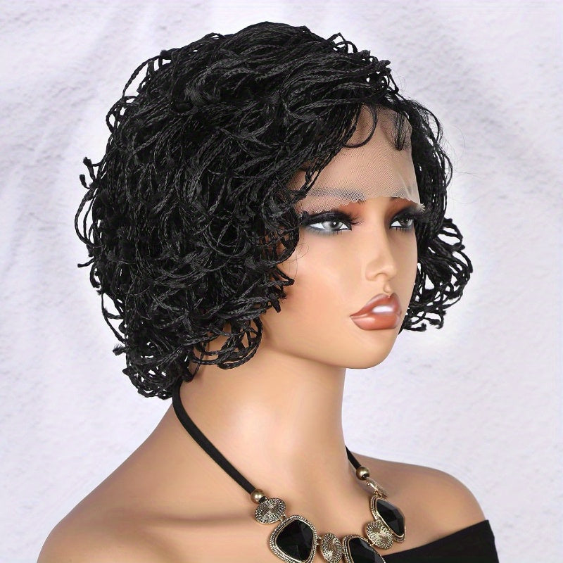 ALILB Elegant Short Bob Full Lace Wig for Women - Knotless Box Braids with Afro Curly Ends, High-Temperature Synthetic Fiber, Versatile Style for All Skin Tones, Short Hair Wig