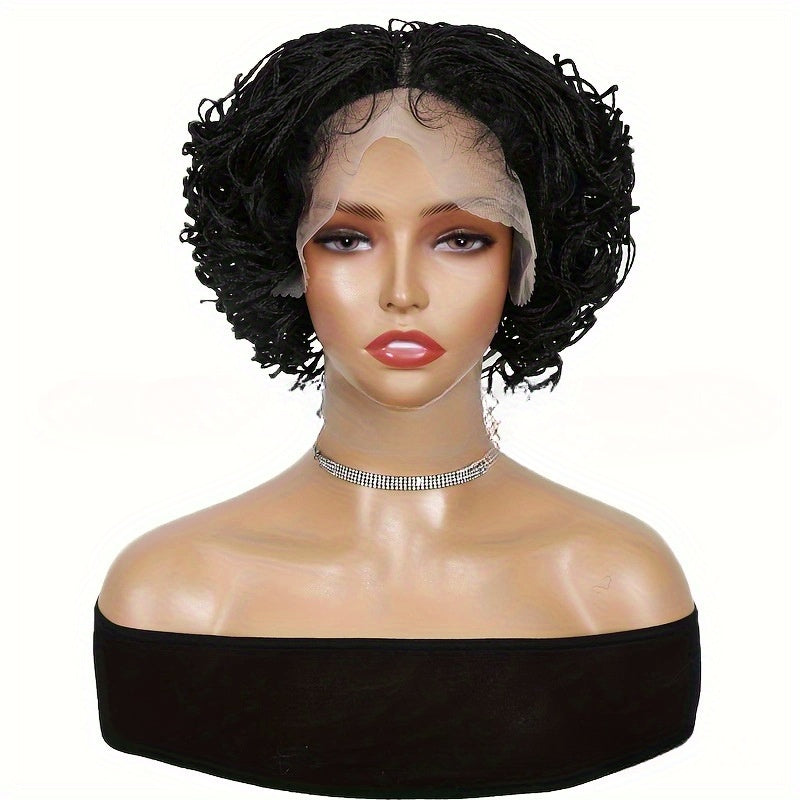 ALILB Elegant Short Bob Full Lace Wig for Women - Knotless Box Braids with Afro Curly Ends, High-Temperature Synthetic Fiber, Versatile Style for All Skin Tones, Short Hair Wig