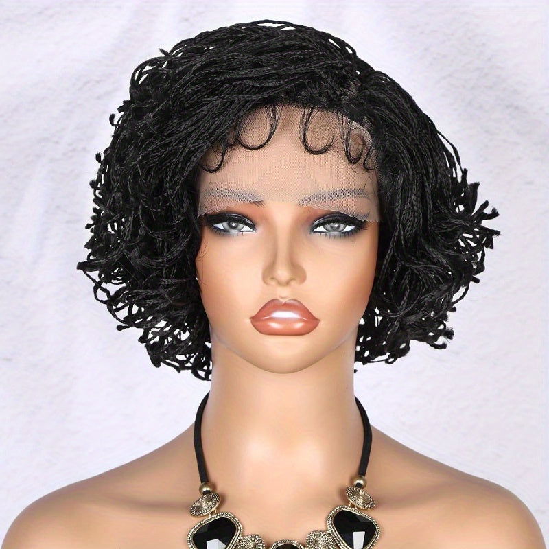 ALILB Elegant Short Bob Full Lace Wig for Women - Knotless Box Braids with Afro Curly Ends, High-Temperature Synthetic Fiber, Versatile Style for All Skin Tones, Short Hair Wig