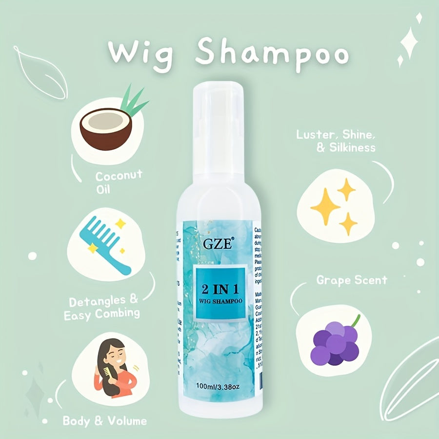 2-Pack 100ml Synthetic 2 IN 1 Wig Shampoo, Moisturizing Silkiness, Color-Safe Detangle, Promotes Body & Volume