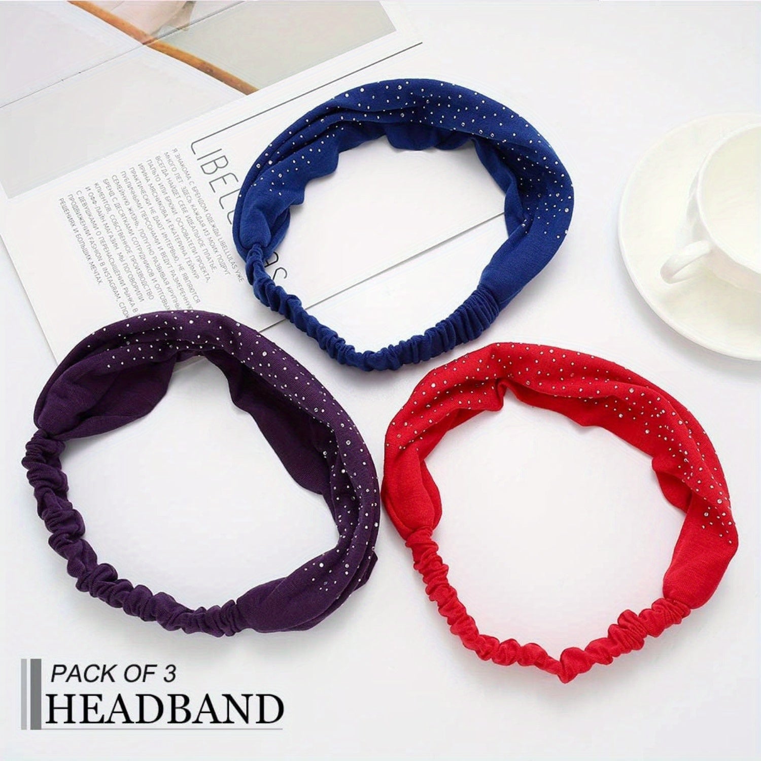 3 PCS Rhinestone Head Bands, Elastic African Head Wraps, Wide Headbands, Black Turban Headband, Sport Hair Bands for Women Christmas Gift Decoration Pack of 3