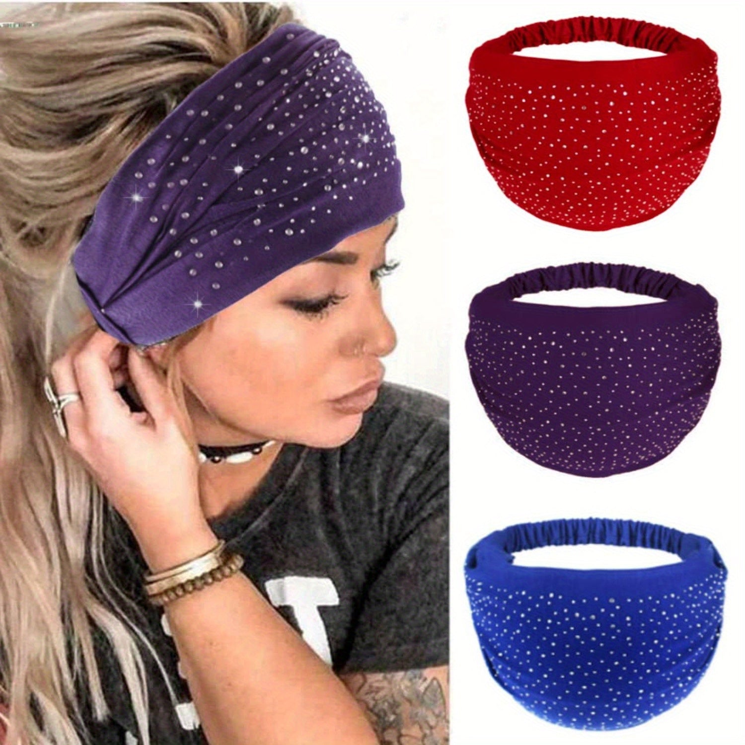 3 PCS Rhinestone Head Bands, Elastic African Head Wraps, Wide Headbands, Black Turban Headband, Sport Hair Bands for Women Christmas Gift Decoration Pack of 3