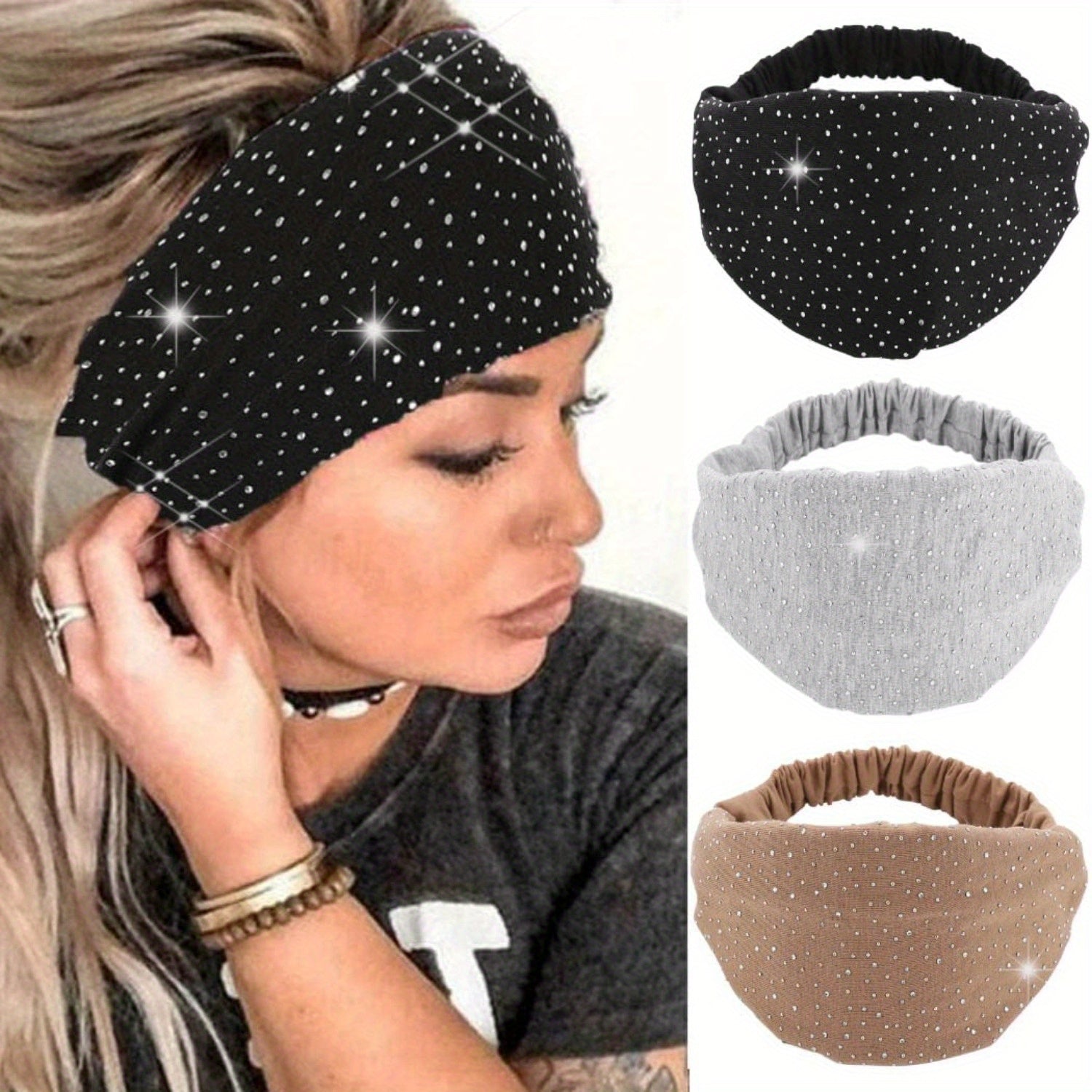 3 PCS Rhinestone Head Bands, Elastic African Head Wraps, Wide Headbands, Black Turban Headband, Sport Hair Bands for Women Christmas Gift Decoration Pack of 3