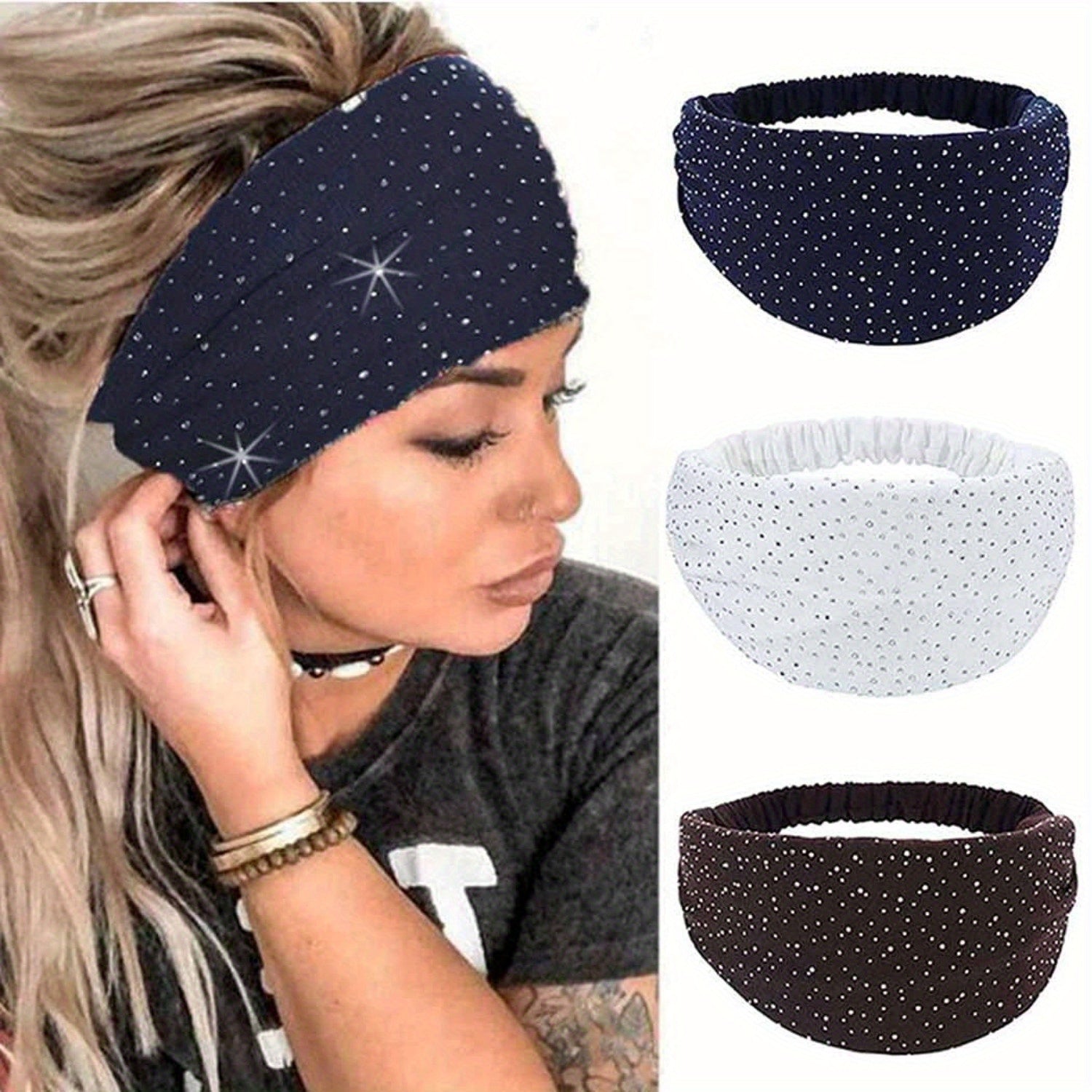 3 PCS Rhinestone Head Bands, Elastic African Head Wraps, Wide Headbands, Black Turban Headband, Sport Hair Bands for Women Christmas Gift Decoration Pack of 3
