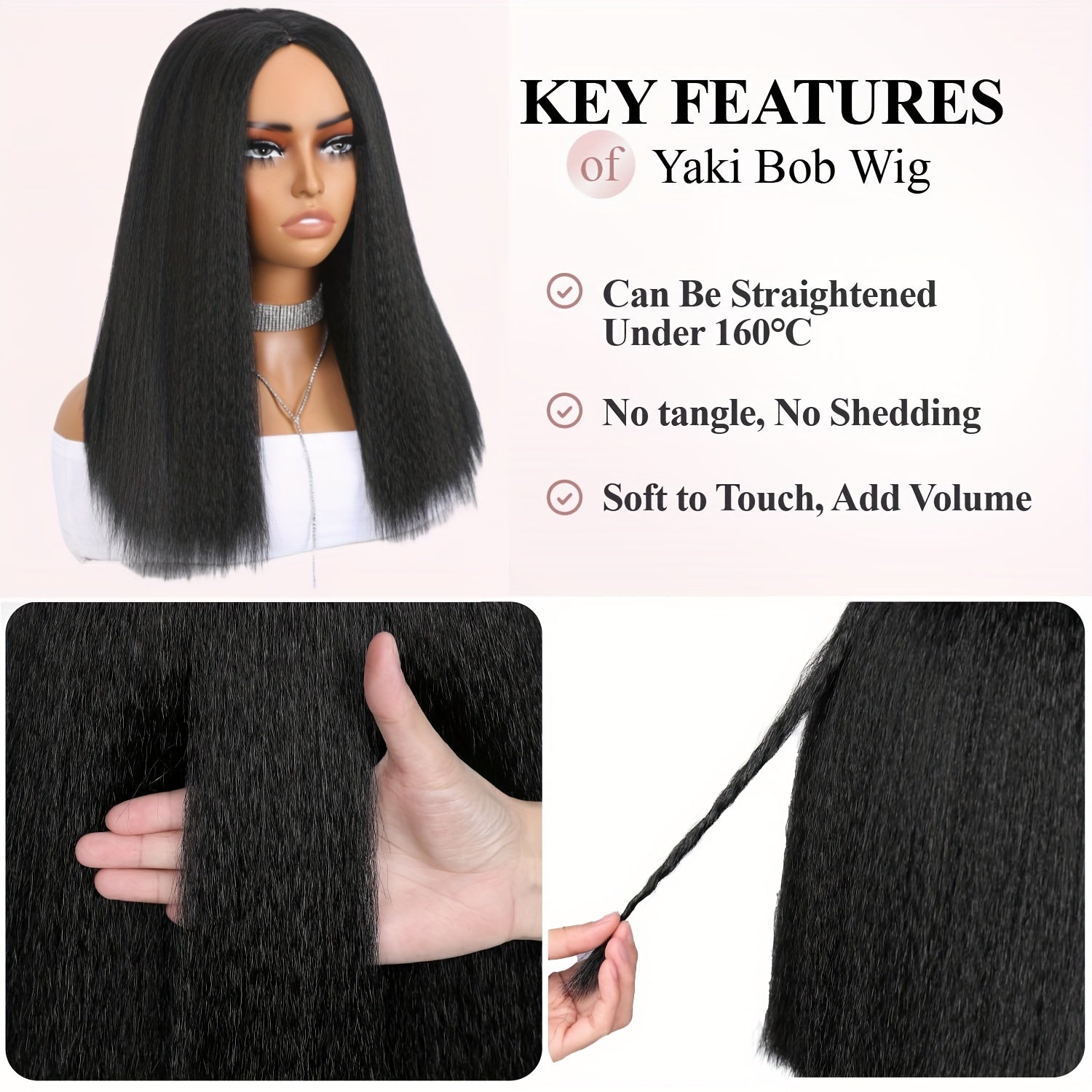 18 Inch Light Yaki Synthetic Black Bob Wig - Middle Part Shoulder Length Kinky Straight Short Bob Wig for Women