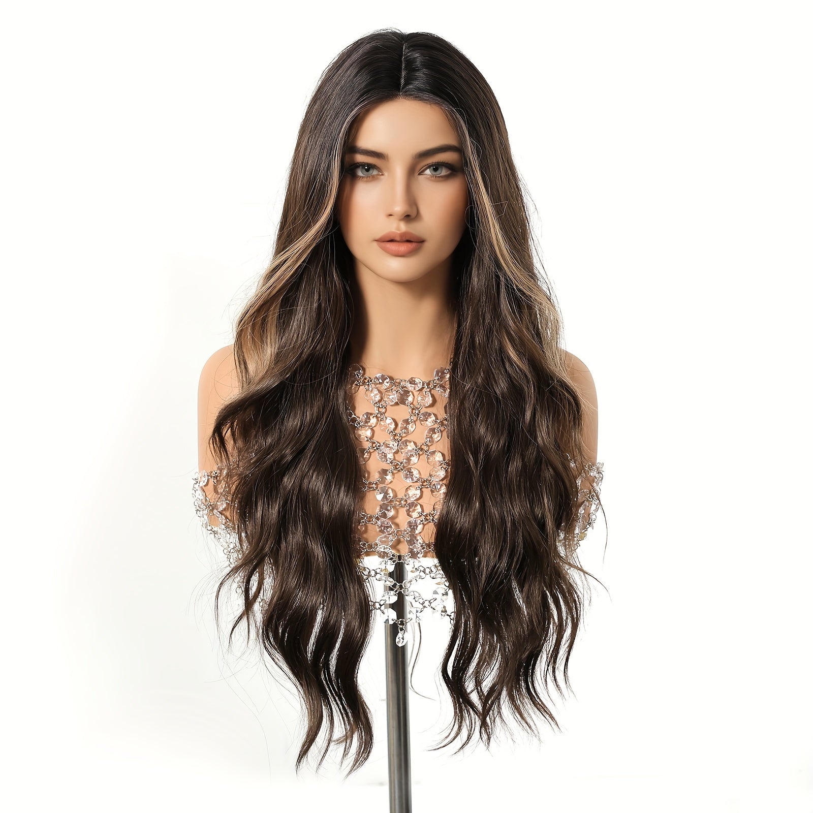 Women's 26-inch Body Wave Lace Front Wig, Highlight Brown Blonde Long Wavy Synthetic Hair