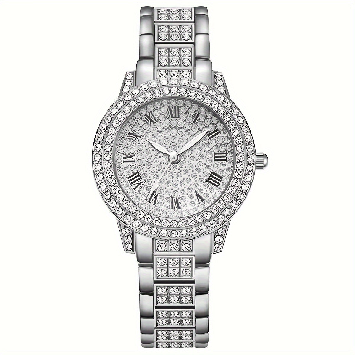 6 Round Rhinestone Quartz Watch Stainless Steel Strap