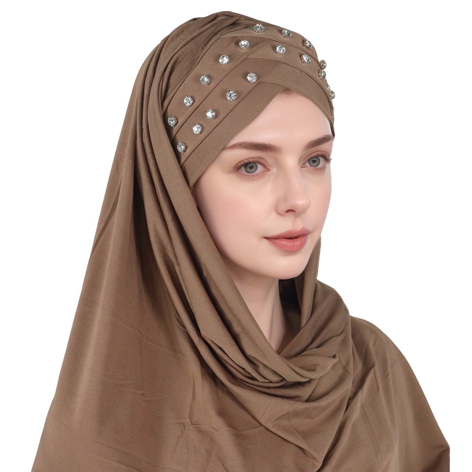 1pc Elegant Women's Polyester Hijab Scarf with Crystal Embellishments, Forehead Cross Design, Fashionable Long Shawl Head Wrap for All Seasons, Head Scarf