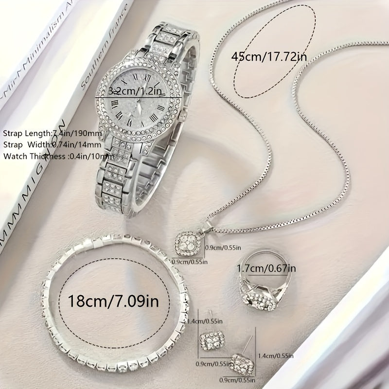 6 Round Rhinestone Quartz Watch Stainless Steel Strap
