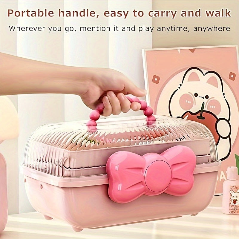 Chic Bow-Adorned 3-Layer Hair Accessory Organizer - Large, Lockable & Foldable Storage Box for Girls