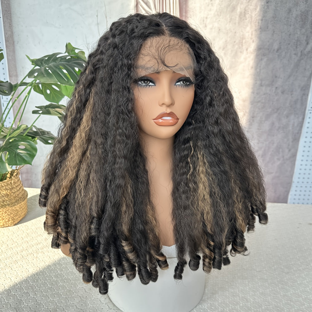 Afro Curly Kinky Front Lace Wig for Women, Brown, 22.0inch, High Temperature Fiber, 150% Density, 13*4*1 Lace Area, Transparent Lace Front T-Part, Versatile Curly Ends, Basic Style