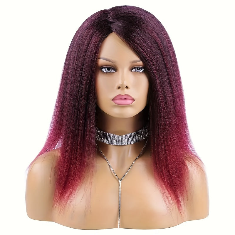 Luxurious 14" Yaki Straight Synthetic Wig for Women - Elegant Black, Soft & Durable with Natural-Looking Kinky Straight Parted Hair - Easy to Style & Maintain, Low-Density 150% with Rose Net Cap