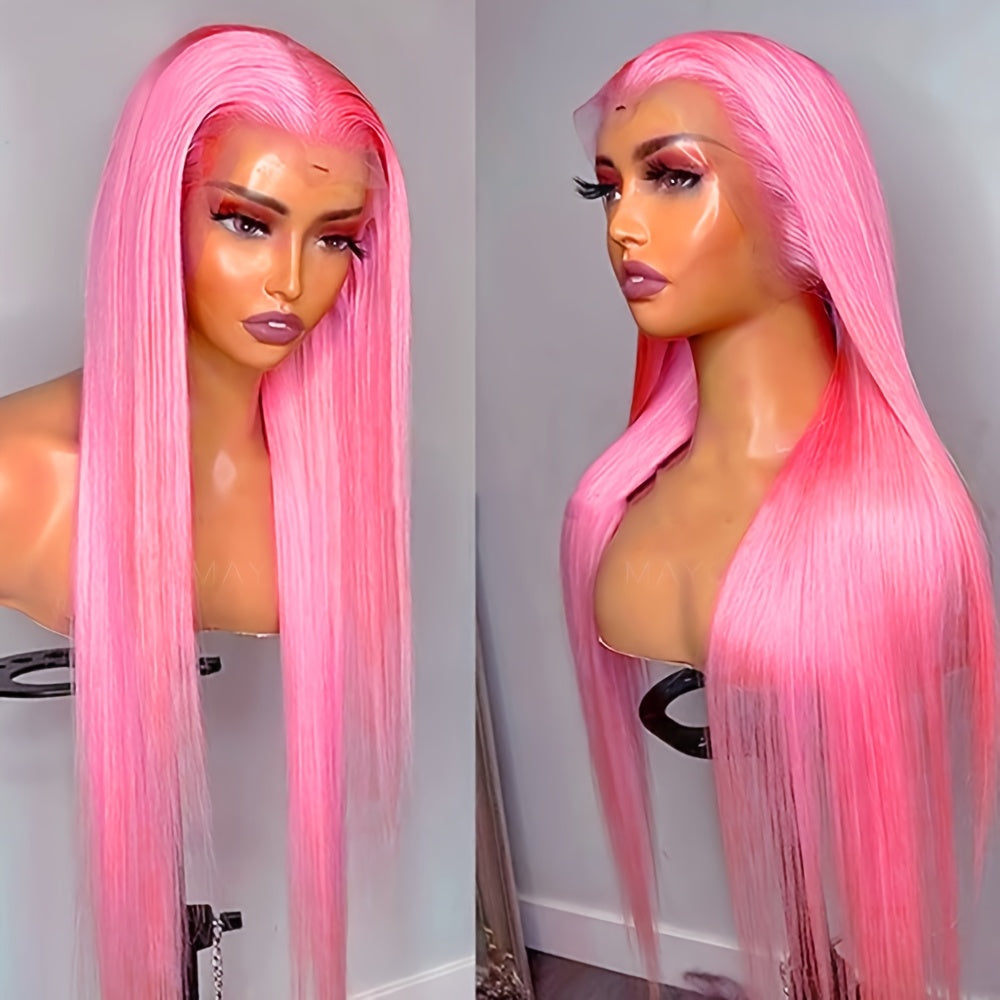 Glamorous 28" Long Straight Pink Lace Front Wig