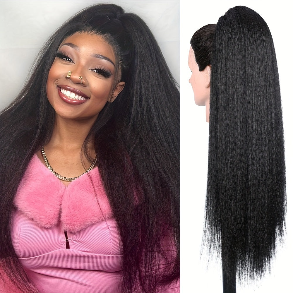 28 Inch Synthetic Yaki Hair Drawstring Ponytail, Long Black Straight Clip in Hair Extensions, Fluffy Yaki Hairpiece for Daily Use