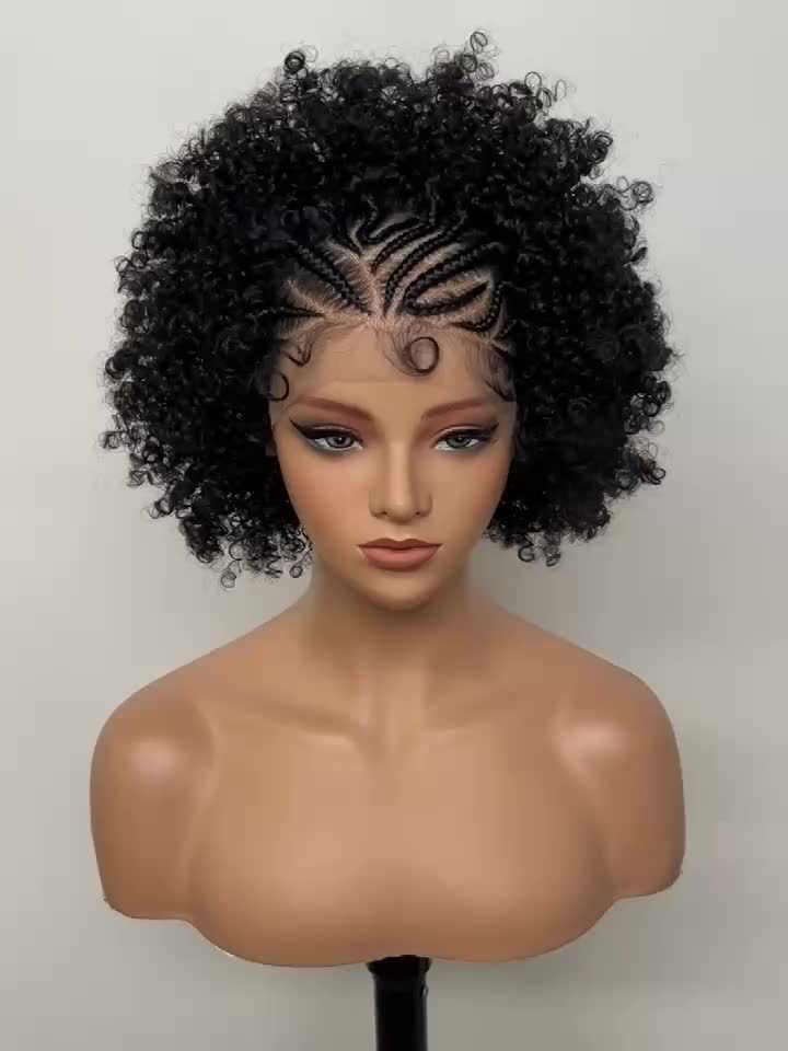 [Everyday Glam, Chic Afro Wig] Everyday Glam 13x6 Synthetic Lace Front Chic Short Afro Kinky Curly Braided Wig - Voluminous Box Braids with Floral Patterns, Ideal for Daily Use, Daily Wear Wig