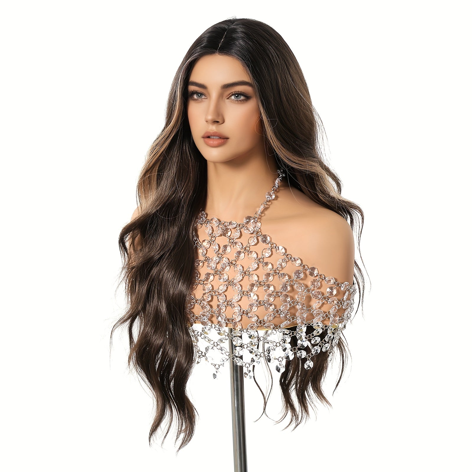 Women's 26-inch Body Wave Lace Front Wig, Highlight Brown Blonde Long Wavy Synthetic Hair