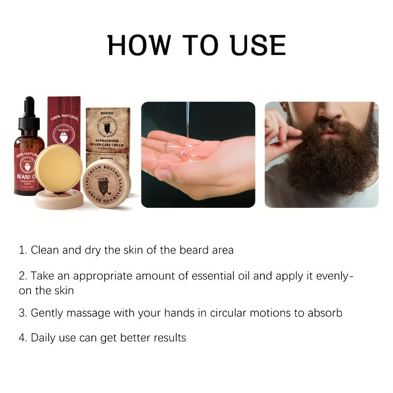 ROZINO 3pcs Beard Care Set: 100% Natural Sandalwood Scented Cream, Moisturizing Serum & Balm - Hypoallergenic, Deep Cleansing & Nourishing, Easy to Use for a Shiny, Healthy Beard, Beard Grooming Kit