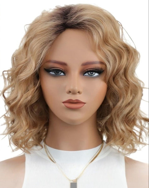 12" Ombre Blonde Wavy Bob Wig for Women - Mid-Length Layered Synthetic Wig with Dark Roots