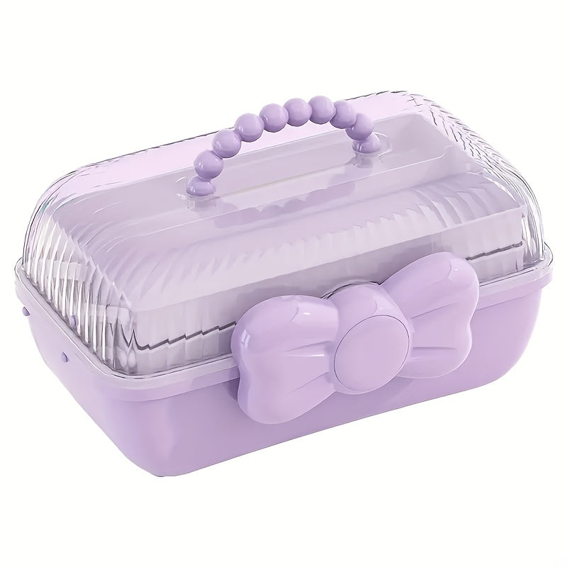 Chic Bow-Adorned 3-Layer Hair Accessory Organizer - Large, Lockable & Foldable Storage Box for Girls