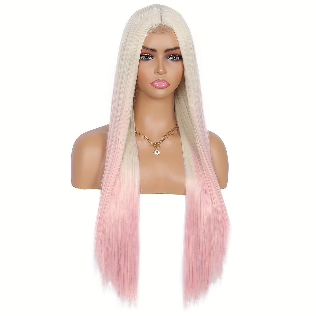 Elegant 28" Long Straight Synthetic Wig for Women - White to Pink Ombre, Middle Part, High-Density 150% with Rose Net Cap, Versatile Styling Options, Ideal for Christmas and Everyday Elegance, Wig Accessories