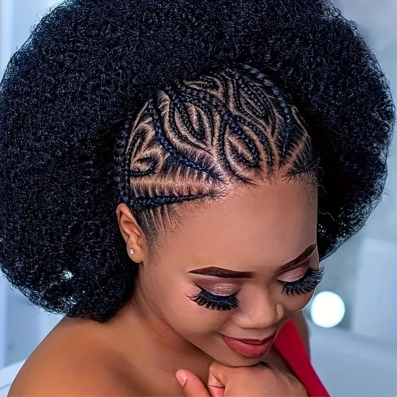 [Everyday Glam, Chic Afro Wig] Everyday Glam 13x6 Synthetic Lace Front Chic Short Afro Kinky Curly Braided Wig - Voluminous Box Braids with Floral Patterns, Ideal for Daily Use, Daily Wear Wig