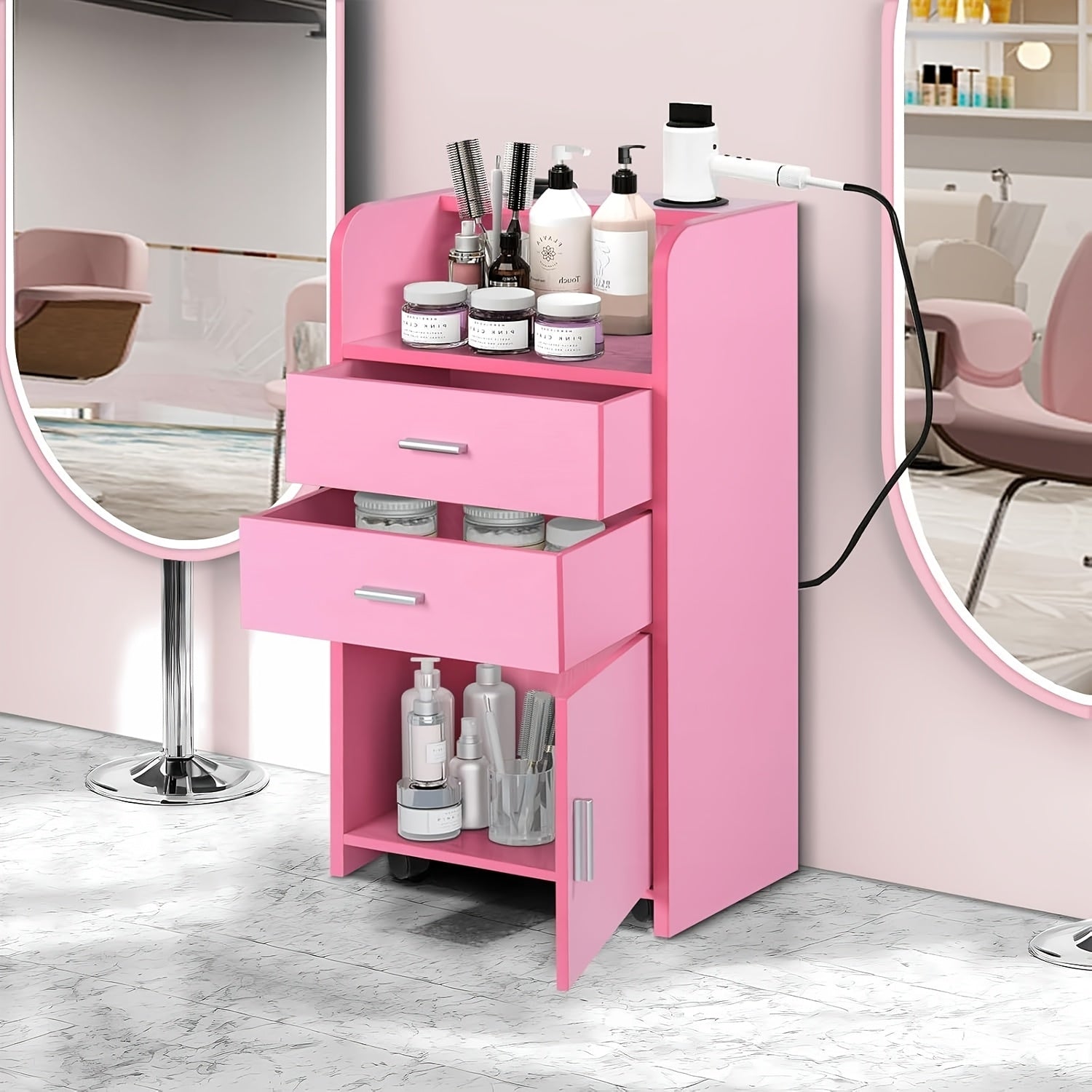 Black Salon Station Storage Cabinet - 2 Drawer Rolling Beauty Station with 2 Hair Dryer Holders Locker for Hair Stylist