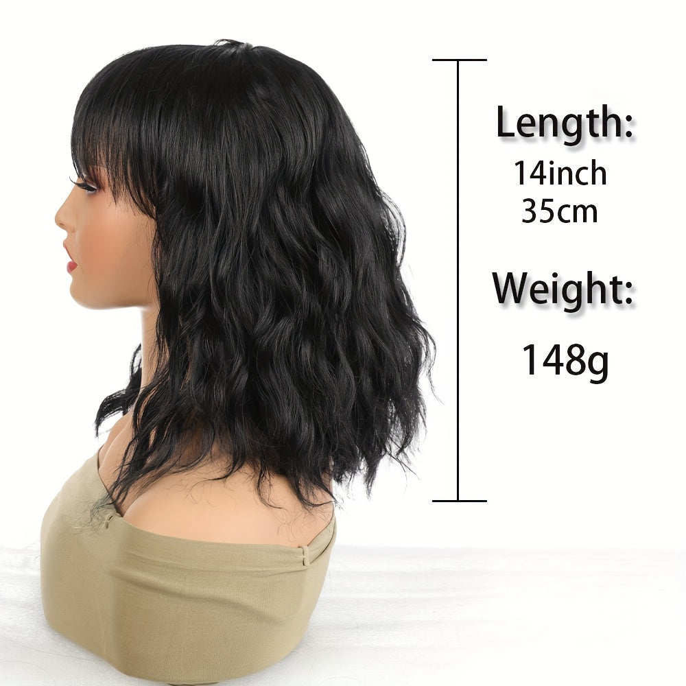 Short Curly Bob Cut Synthetic Wig with Bangs for Women, Elegant Water Wave Style, High Temperature Fiber, 130% Density, Heat Resistant, Rose Net Cap, Combs and Adjustable Straps for Africans