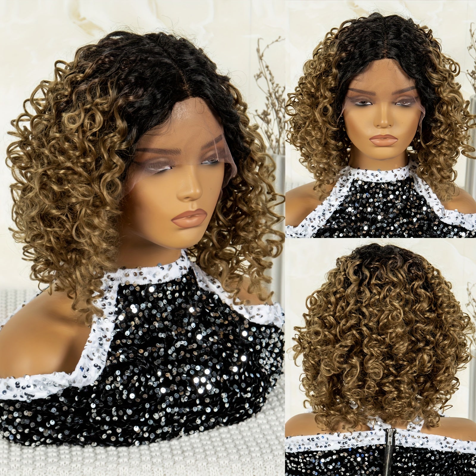 Elegant Gradient Brown Series Short Bob Wig with Lace Front - Women'S Curly Wavy Synthetic Hair Small T-Shaped Lace