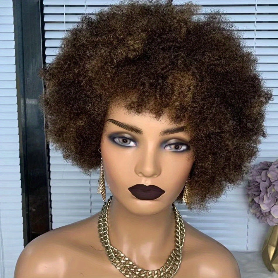 Elegant 12" Highlighted Brown Afro Kinky Curly Human Hair Wig with Bangs - 180% Density, 100% Brazilian, Full Machine Made, Style