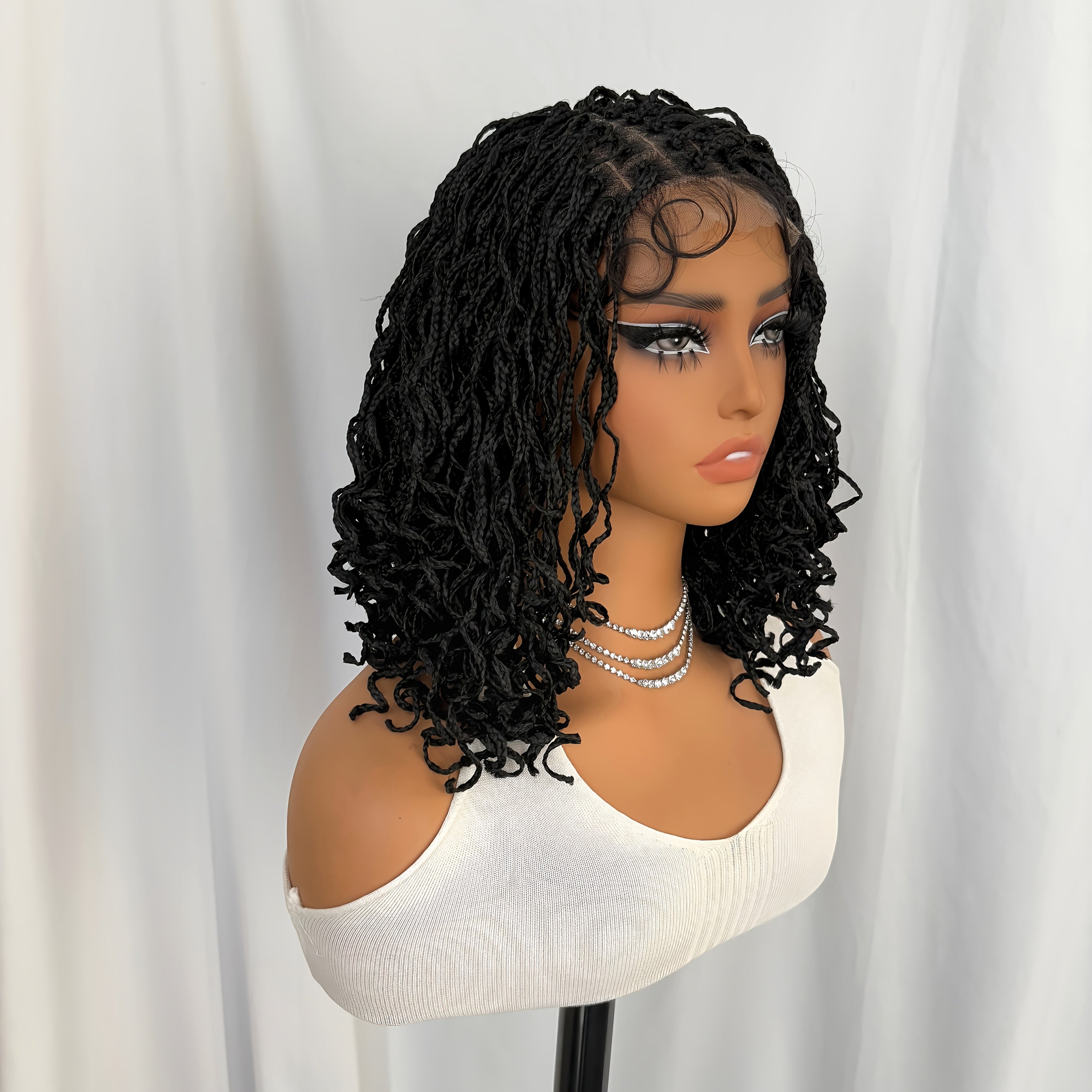 13" Black Curly Faux Locs Wig for Women - 4x4 Lace Front, Shoulder-Length Synthetic Hair with Large Parting Space, Voluminous Twist Dreadlocks, Ideal for Daily Fashion