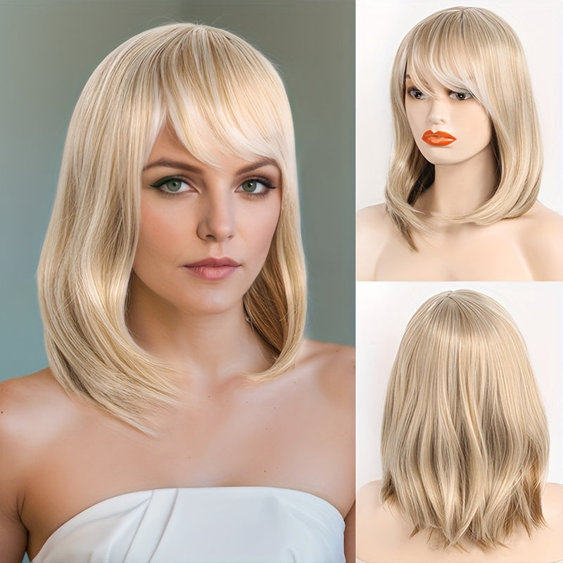 Women'S Straight Blonde Wig with Bangs, 28-inch Heat-Resistant Synthetic Hair, 100% Density Rose Net Cap, Basic Style for Daily Wear, Parties, Cosplay, Photo Shoots