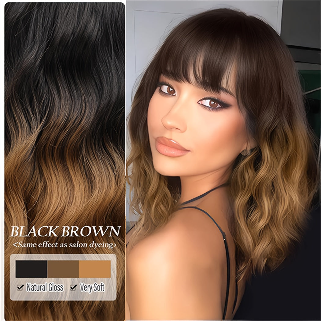 Ombre Brown Bob Wig, Black To Brown, Short Wavy Style With Bangs, Short Bob Synthetic Hair For Women, Shoulder Length, Natural Wavy, Heat ResistantDaily Party Use