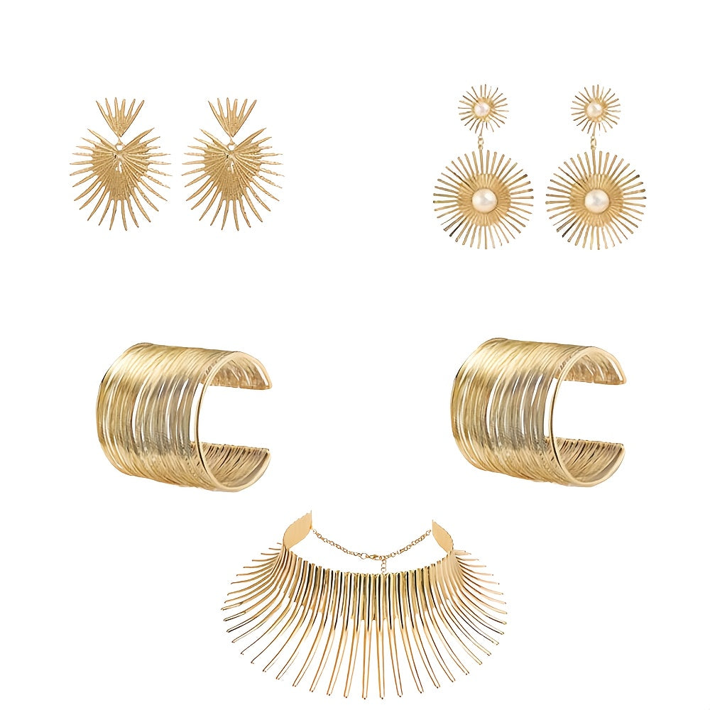 Women's African Collar Choker Necklace Earrings Bangle Set