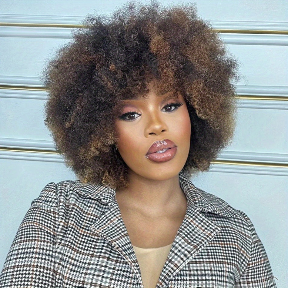 Elegant 12" Highlighted Brown Afro Kinky Curly Human Hair Wig with Bangs - 180% Density, 100% Brazilian, Full Machine Made, Style