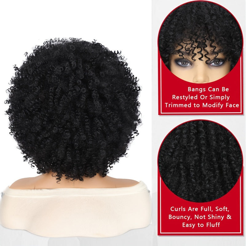 1pc High Temperature Fiber Unisex Afro Kinky Curly Wig, Glueless Rose Net Cap, Synthetic Short Hair with Bangs for Daily Wear