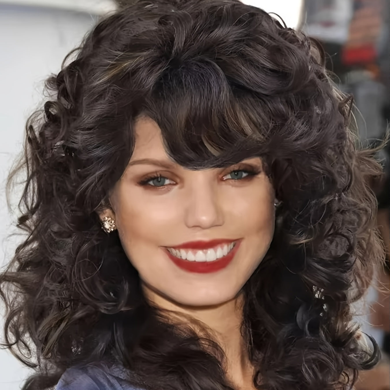 Synthetic Women Wig with Curly Texture And Bangs Black Regular Wig for Natural Fluffy Hairstyle