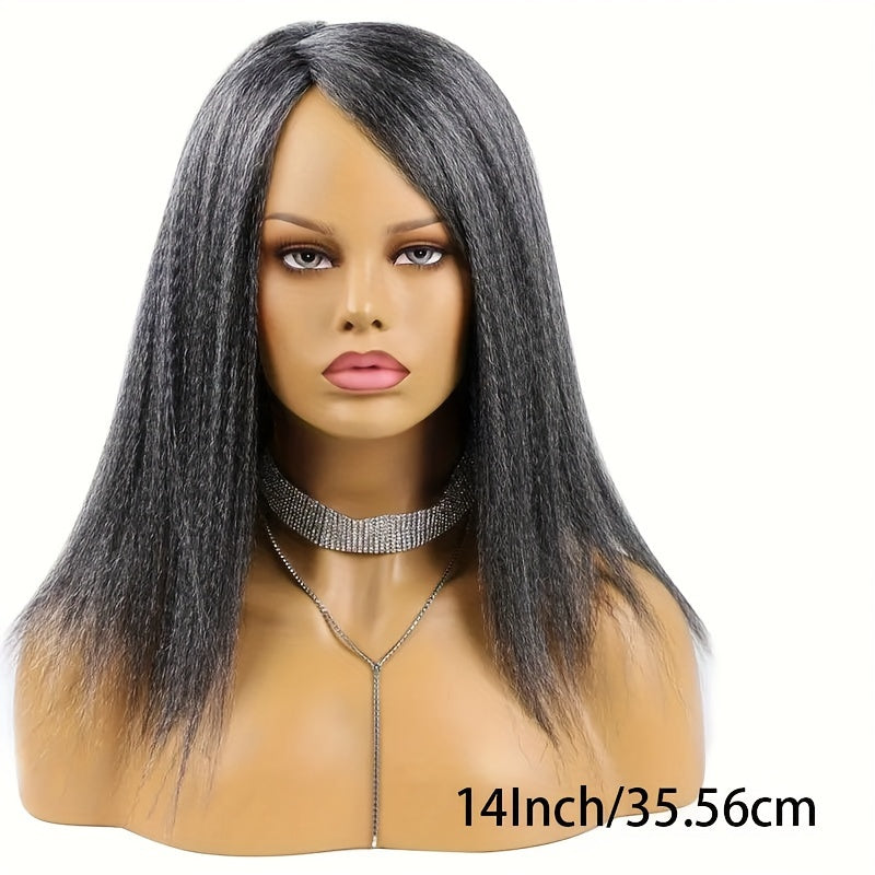 Luxurious 14" Yaki Straight Synthetic Wig for Women - Elegant Black, Soft & Durable with Natural-Looking Kinky Straight Parted Hair - Easy to Style & Maintain, Low-Density 150% with Rose Net Cap