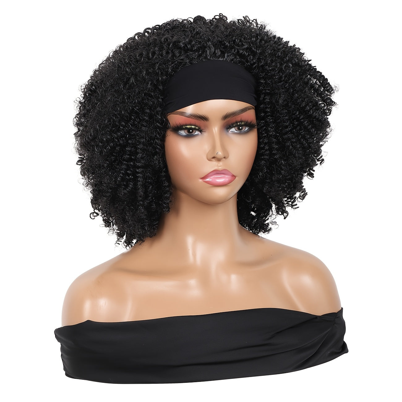 14 Inches Fluffy Afro Curly Wig with Headband for Women, Heat-Resistant Synthetic Hair, Kinky Curly Wave, High Density 200%