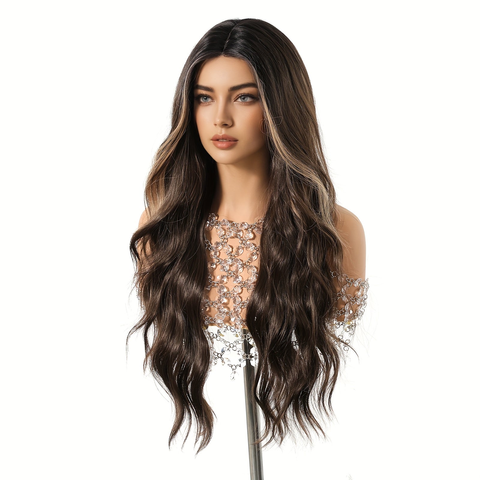 Women's 26-inch Body Wave Lace Front Wig, Highlight Brown Blonde Long Wavy Synthetic Hair