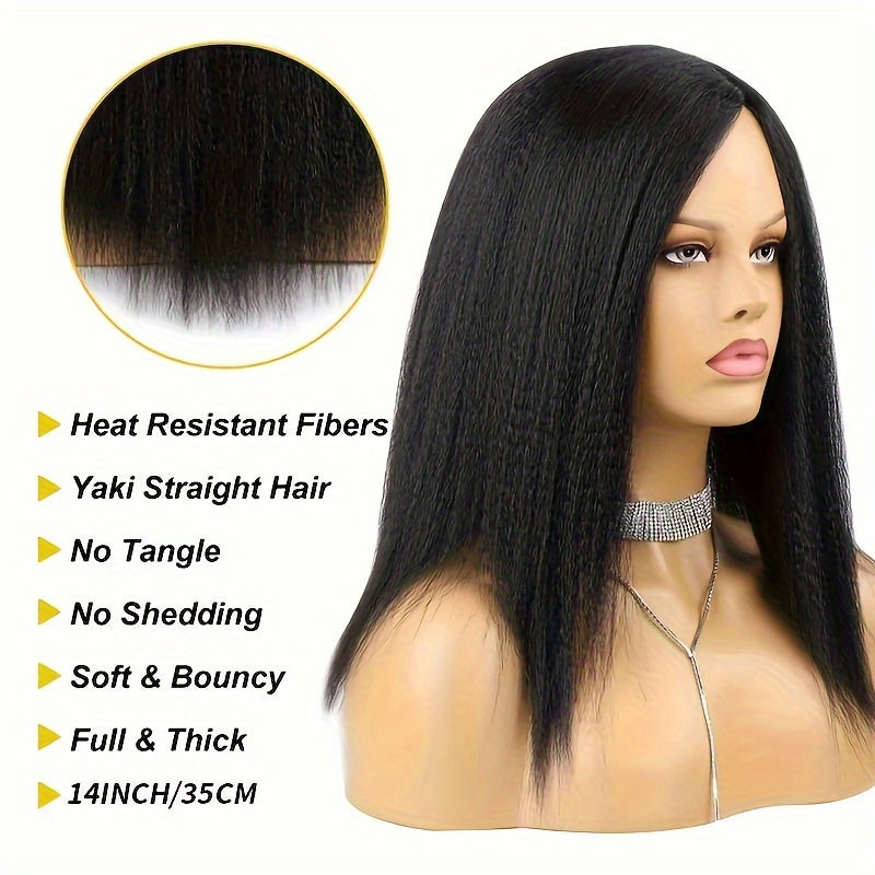 Luxurious 14" Yaki Straight Synthetic Wig for Women - Elegant Black, Soft & Durable with Natural-Looking Kinky Straight Parted Hair - Easy to Style & Maintain, Low-Density 150% with Rose Net Cap