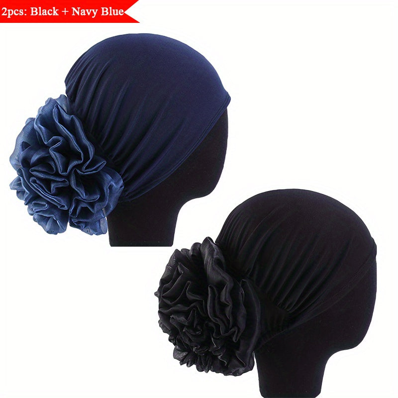 2pcs set Women's Muslim Turban Headscarf Cap - Lightweight Polyester Elastic Head Scarf Hijab with Toggle Closure, Hand-Wash Only, Pre-Tied Flower Ponytail Breathable Woven Head Wrap for All Seasons, Fashionable Outdoor Sport