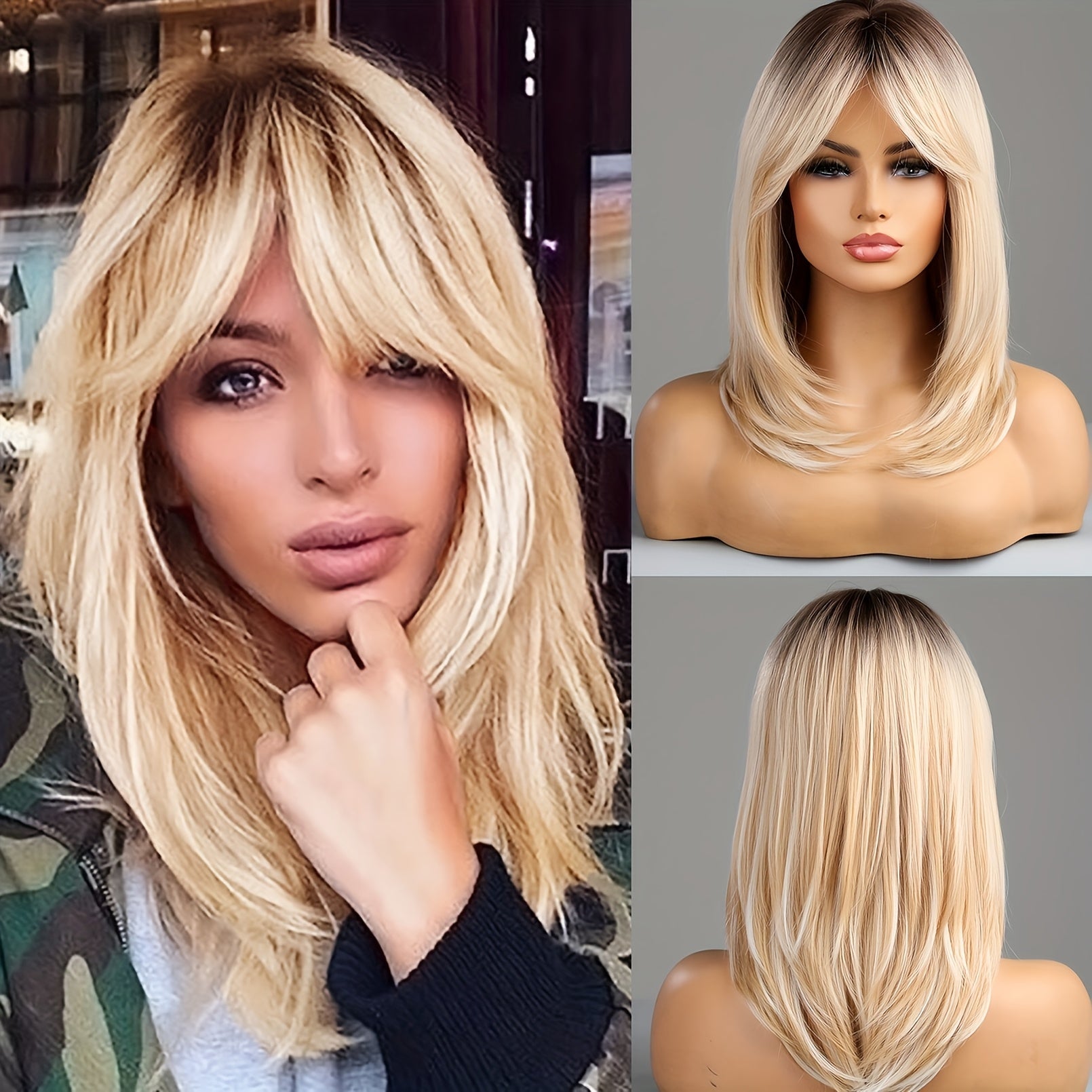 [Valentine's Highlight] Elegant Blonde Wig for Women - Ombre Straight Hair with Bangs, Ideal for Daily Wear, Valentine's Day, Concerts, Cosplay & Parties, Heat Resistant Fiber, Daily Wear Wig|Fringe Wig|Silk Fiber Wig