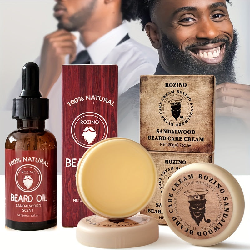 ROZINO 3pcs Beard Care Set: 100% Natural Sandalwood Scented Cream, Moisturizing Serum & Balm - Hypoallergenic, Deep Cleansing & Nourishing, Easy to Use for a Shiny, Healthy Beard, Beard Grooming Kit