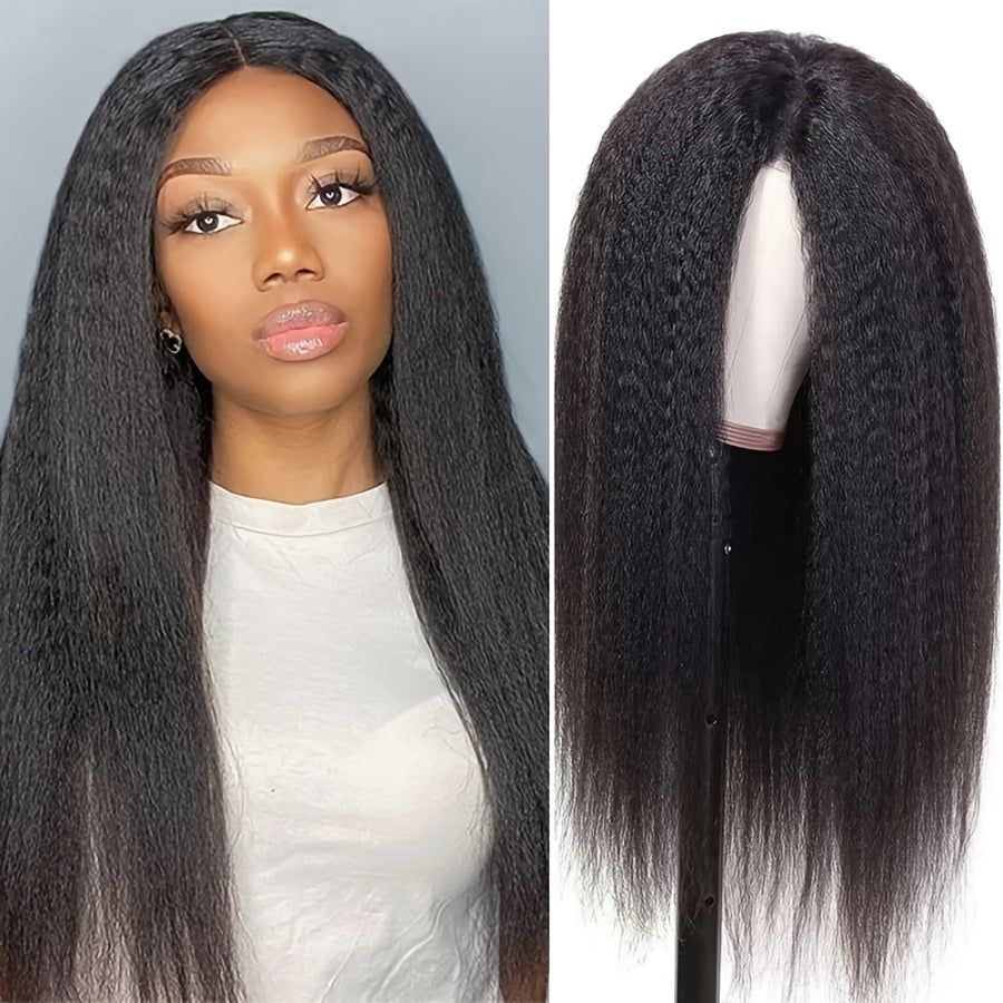 Stylish Yaki Black Baked Straight Wig - Medium Long Straight Hair, Medium Parted Straight Hair, Women'S High Density Heat Resistant Corn Silk Hair, Simulated Scalp Breathable and Soft, Suitable for All Skin Tones, Natural Loo