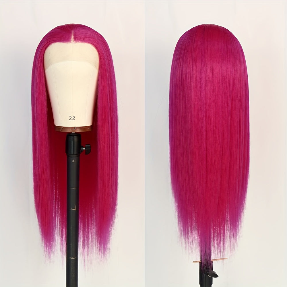 Glamorous 28" Long Straight Hot Pink Lace Front Wig for Women - Vibrant Middle Part, High-Density 180%, Heat Resistant Synthetic Hair, Pre-Plucked & Glueless with 13x4 Lace Frontal, Ideal for Daily Use & Special Occasions