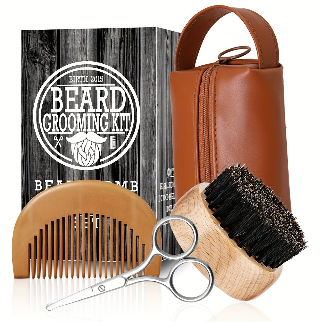 Beard Grooming Kit with Leather Case, Metal Scissors, Comb, and Brush, Unscented, Manual, No Battery Required, Beard Care Trimming Set